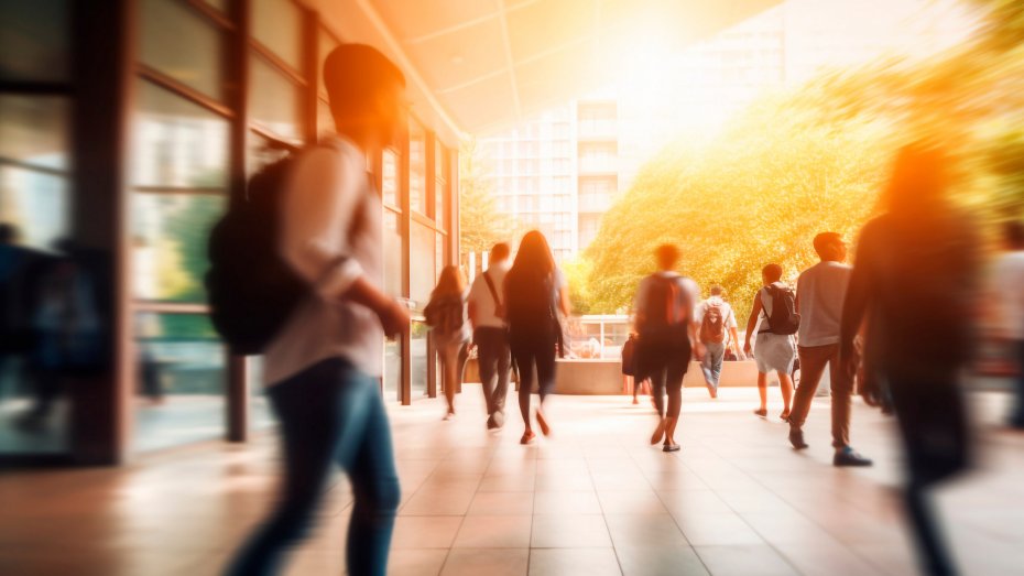 Junge Menschen in Bewegung vor einem Hochschulgebäude, im Hintergrund Sonnenstrahlen